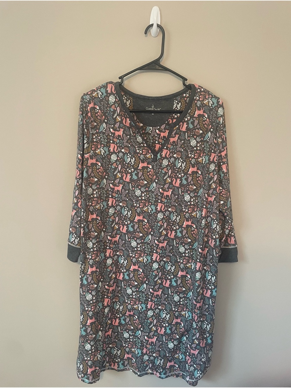Cuddl Duds Charcoal Tunic with Pink and Teal Fox & Floral Print